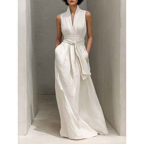 Mori Girl Style V-Neck Sexy Backless Fresh And Sweet White Cathedral Train Maxi Dress