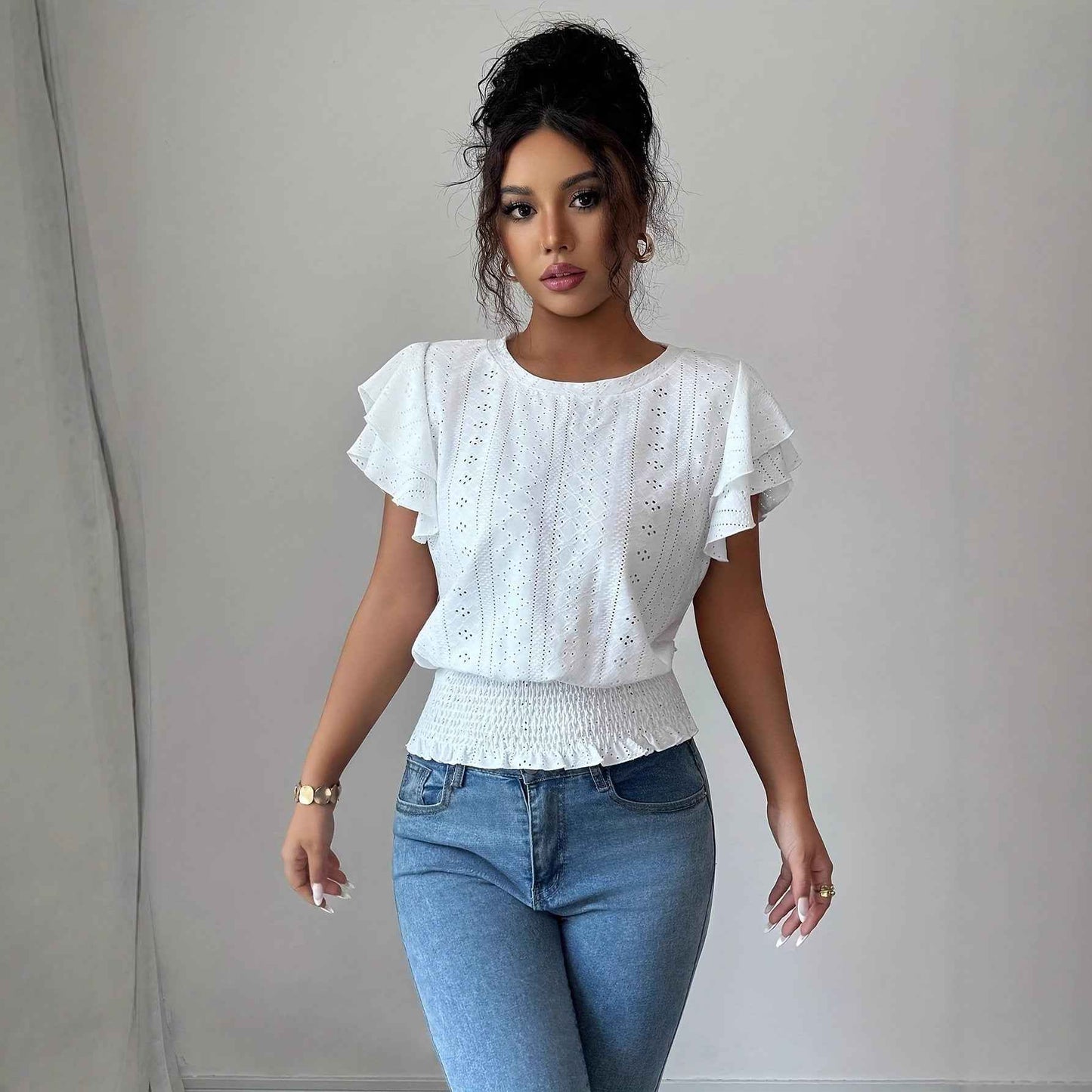 Jacquard Solid-color Crewneck Ruched Batwing-sleeve Short-sleeve Shirt
