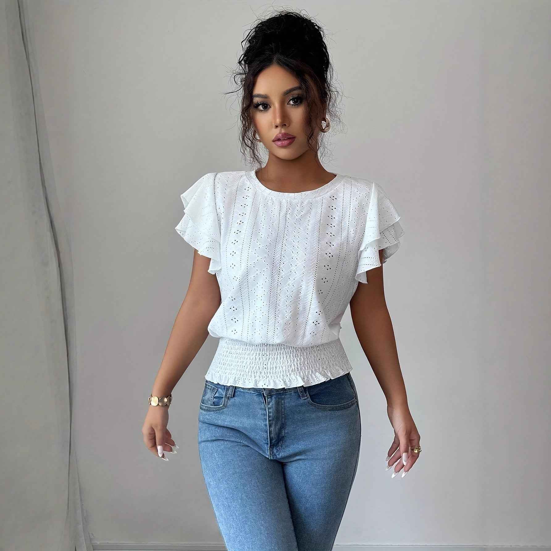 Jacquard Solid-color Crewneck Ruched Batwing-sleeve Short-sleeve Shirt