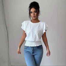 Jacquard Solid-color Crewneck Ruched Batwing-sleeve Short-sleeve Shirt