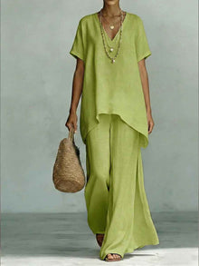 V-neck Short-sleeve Fashionable Loose Top And Wide-leg Pants Set