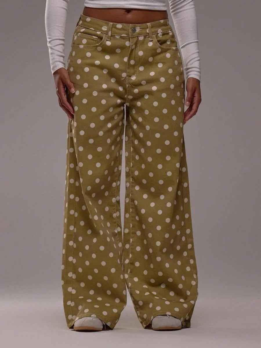 Casual Polka Dot Mid-rise Non-stretch Jeans