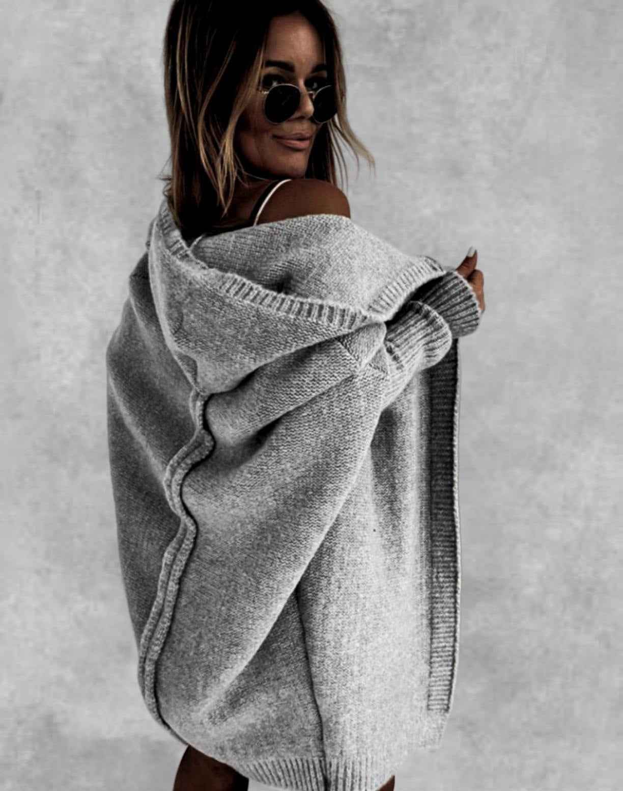 Bat Sleeve Hooded Cardigan Oversized Loose Temperament Solid Color Sweater Womens Clothing