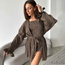 Leopard-print Long-sleeve Nightgown, Lingerie, And Shorts Three-piece Set