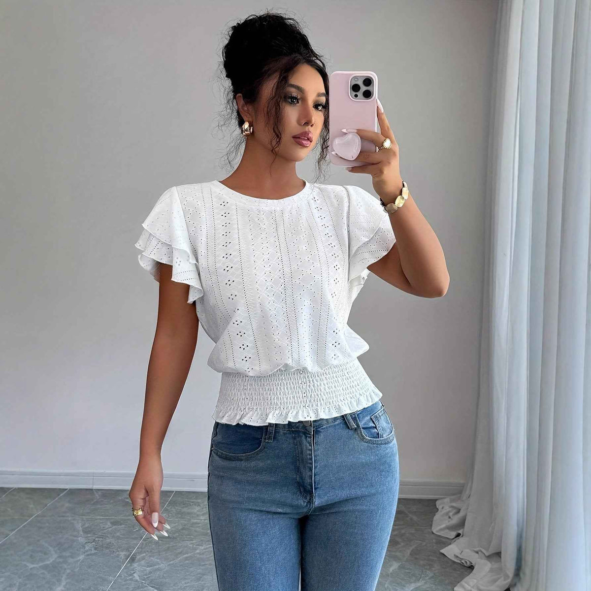 Jacquard Solid-color Crewneck Ruched Batwing-sleeve Short-sleeve Shirt