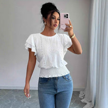 Jacquard Solid-color Crewneck Ruched Batwing-sleeve Short-sleeve Shirt