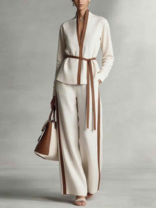 Women's Casual Patchwork Cardigan Shirt And Wide-Leg Pants Set