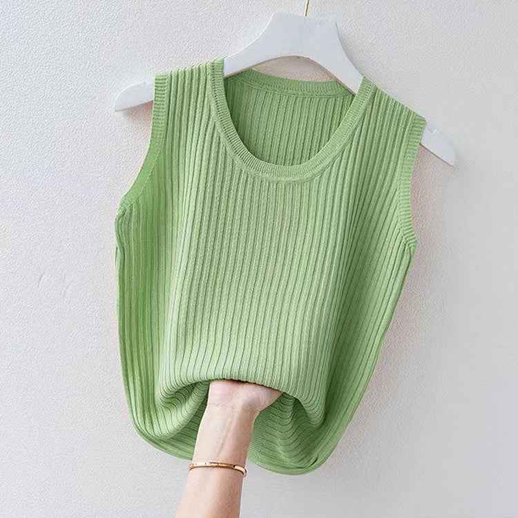 Women's Summer Ice Silk Round Neck Camisole Vest Knitted Bottoming Shirt