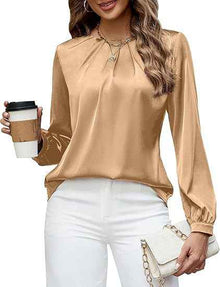 Womens Casual Pleated Long-Sleeve Top Satin Crew-Neck Shirt