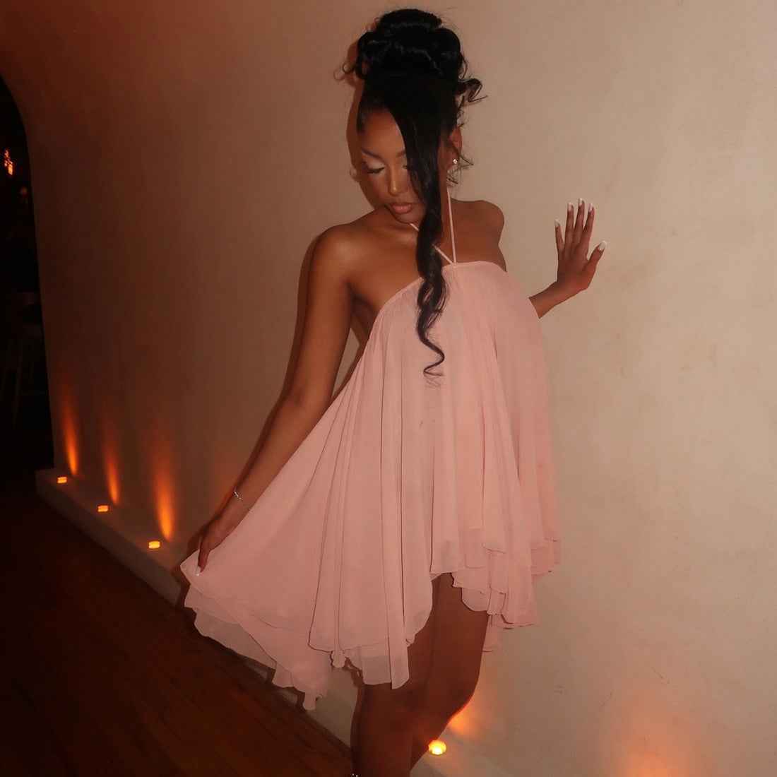 Womens Holiday Halterneck Lace-Up Backless Short Dress