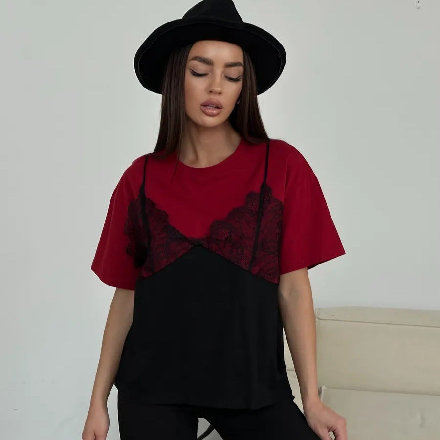 Women's Lace-Patchwork Loose Basic Crew-Neck Short-Sleeve T-Shirt by Mirlaine Univers Women's Lace-Patchwork Loose Basic Crew-Neck Short-Sleeve T-Shirt Mirlaine Univers womens-lace-patchwork-loose-basic-crew-neck-short-sleeve-t-shirt 0 Women's Lace-Patchwork Loose Basic Crew-Neck Short-Sleeve T-Shirt Mirlaine Univers Women's Lace-Patchwork Loose Basic Crew-Neck Short-Sleeve T-Shirt