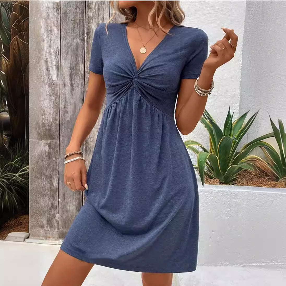 Color Cotton Short Sleeve V-neck Design Chest Twist Waist Dress by Mirlaine Univers