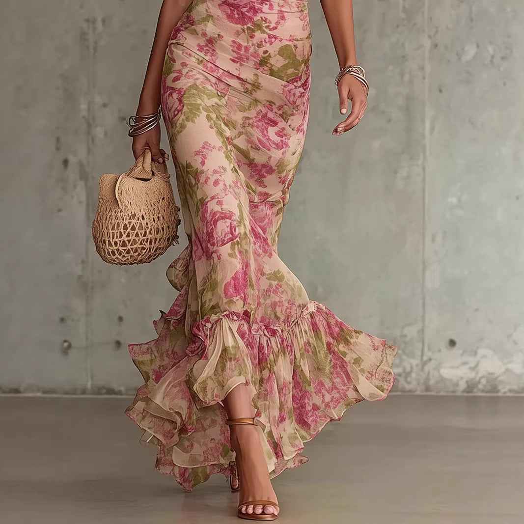 Puff-sleeve Printed Slim-fit Long Pleated Dress