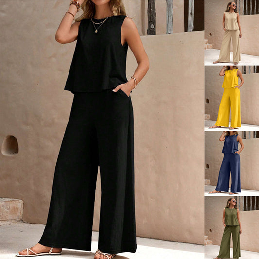 Solid Color Casual Loose Pants Sets For Women Elegant Spring Summer Women's Two Pieces Suit Full Trouser Set Female Outfit Clothes by Mirlaine Univers