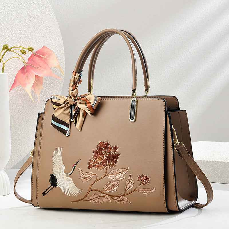 Womens New Chinese-Style National-Flair Embroidered Crane Fashion Crossbody Tote Bag