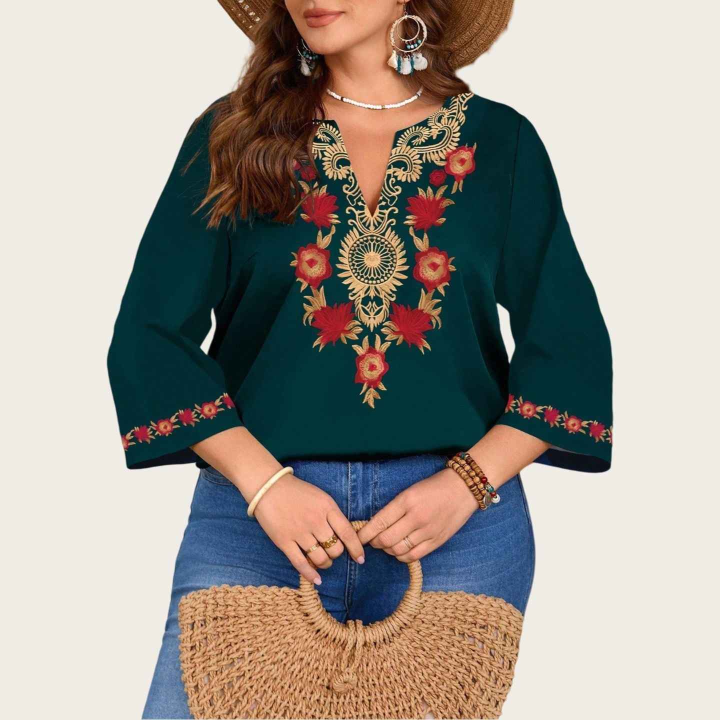 Fashionable Casual V-Neck Ethnic-Style Printed Three-Quarter-Sleeve Shirt Top