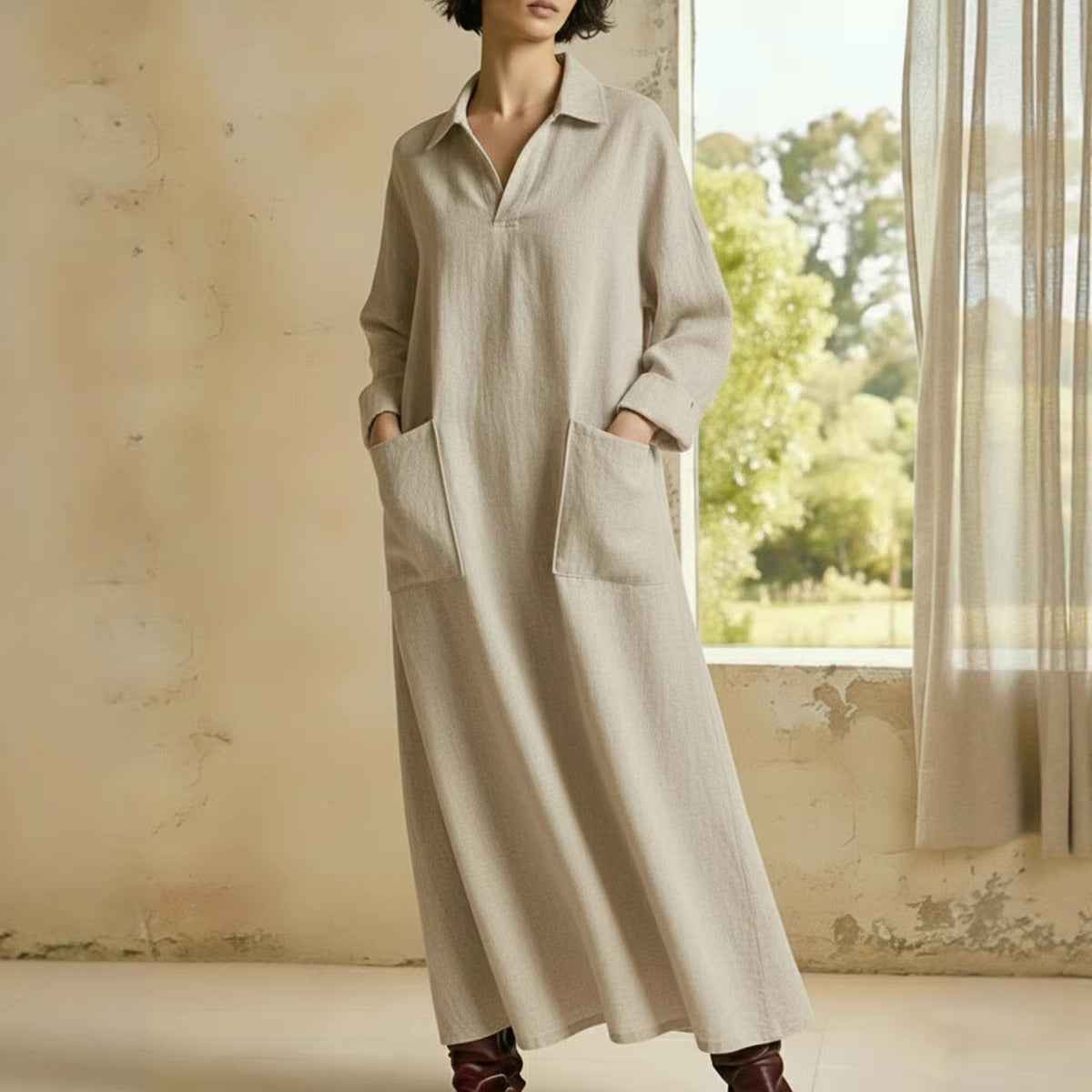Loose-fitting Casual Polo-neck Pocketed Long-sleeve Dress