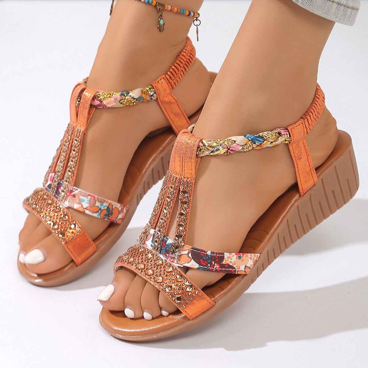 Plus Size Bohemian Elastic Strap Rhinestone Sandals For Women