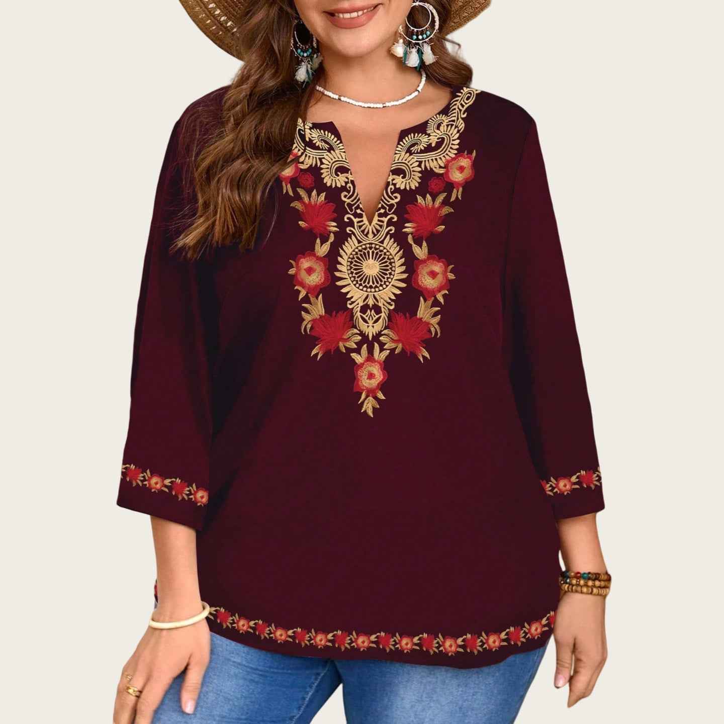 Fashionable Casual V-Neck Ethnic-Style Printed Three-Quarter-Sleeve Shirt Top