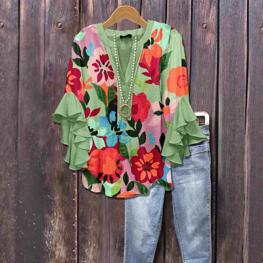 V-neck Fashion Lotus Edge T-shirt Women's Top