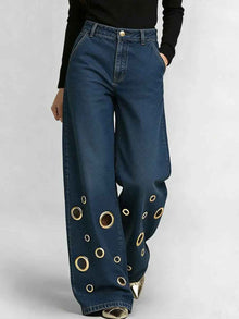 High-waisted Loose-fit Denim Jeans With Cutout Detailing And Metal Eyelets