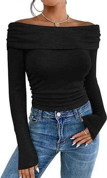 Womens Off-shoulder Figure-hugging Long-sleeve Slip Dress With A Boat Neckline