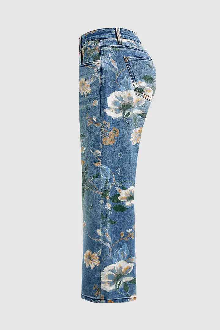 High Waist Straight Leg Jeans Vintage Floral Print Denim Pants