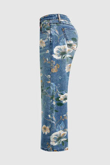 High Waist Straight Leg Jeans Vintage Floral Print Denim Pants