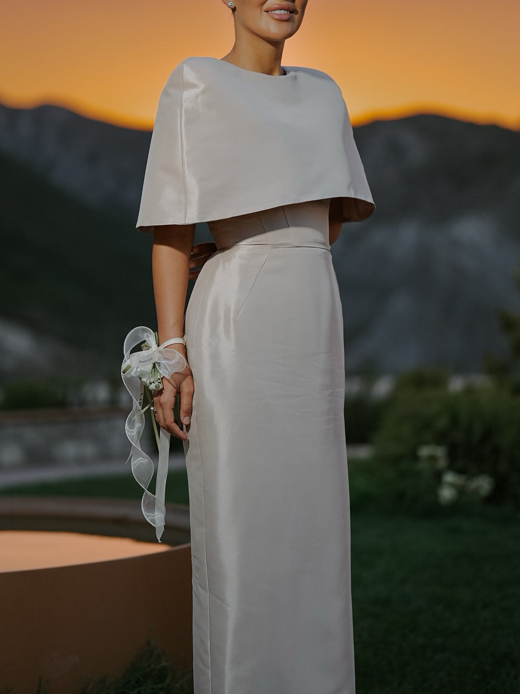Satin Cape-style Top &Fitted Maxi Dress Set by Mirlaine Univers