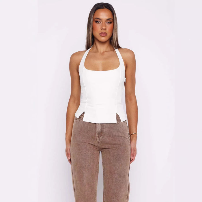 Solid Color Halter Neck Top Women Slim Fit
