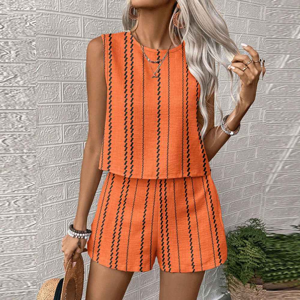 Womens Casual Striped Sleeveless Fashion Top And Shorts Two-Piece Set