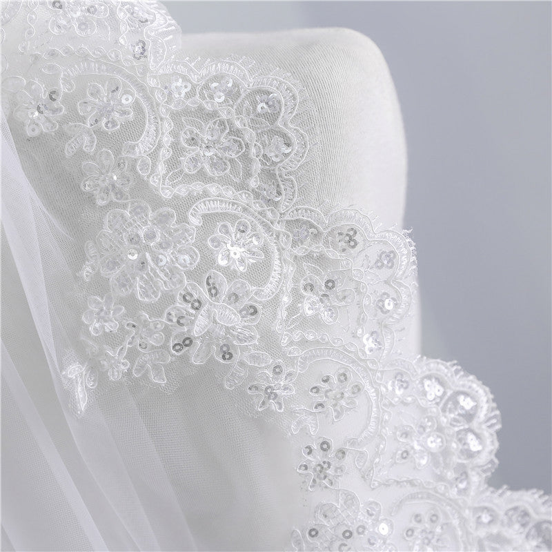 Short Veil Soft Mesh Sequined Lace White Ivory by Mirlaine Univers