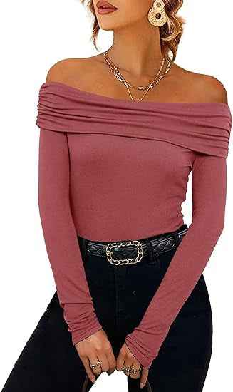 Womens Off-shoulder Figure-hugging Long-sleeve Slip Dress With A Boat Neckline