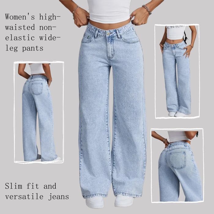 Jean large taille haute pour femme non extensible, pantalon en jean droit délavage clair
