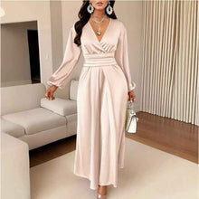 Satin V-neck Waist-cinched Maxi Dress With Puff Sleeves