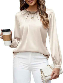 Womens Casual Pleated Long-Sleeve Top Satin Crew-Neck Shirt