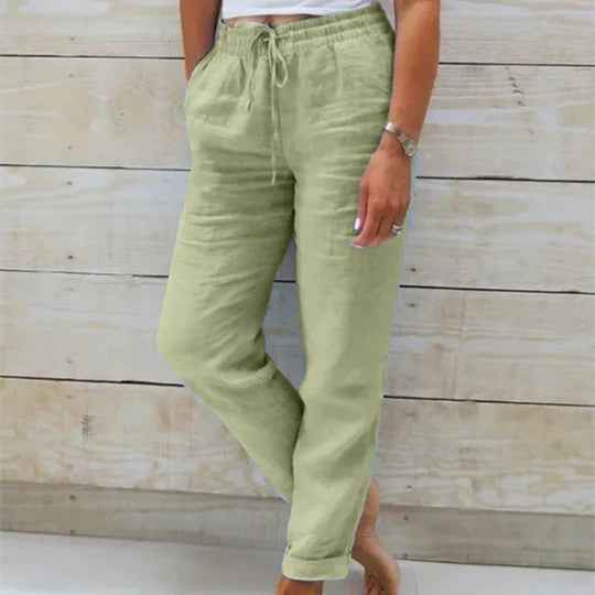 Pantalon élastique uni en coton et chanvre
