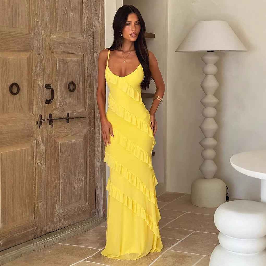 Backless Spaghetti-strap V-neck Dress With Side Slits