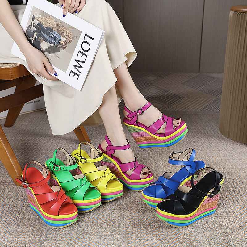 New Rainbow Wedge Peep Toe Sandals For Women