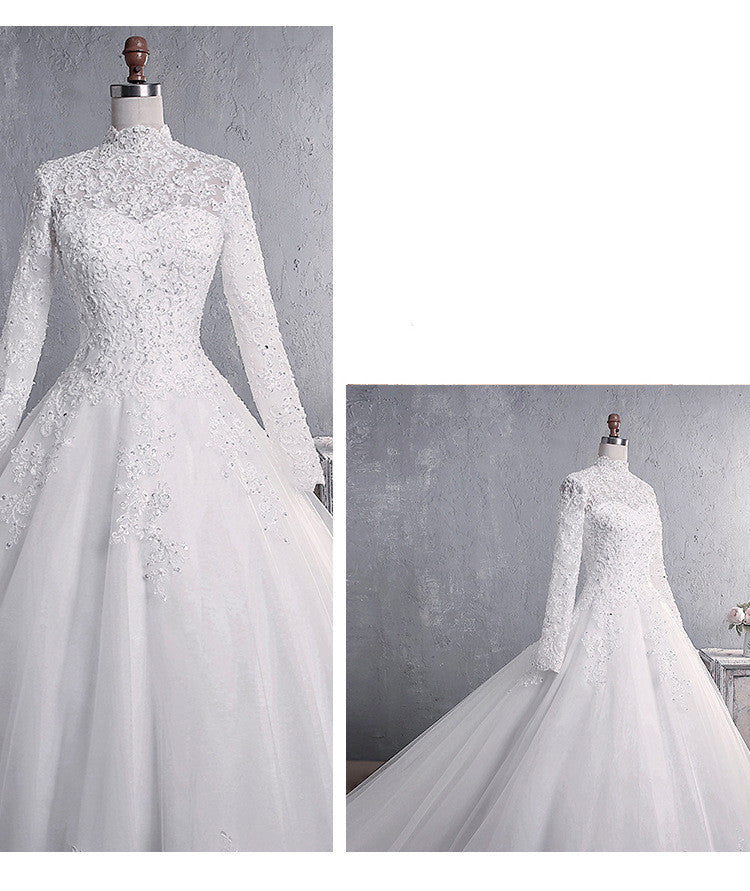 Lace Wedding Dress Bridal Stand-up Collar Long-sleeved Large Tail Large Size by Mirlaine Univers