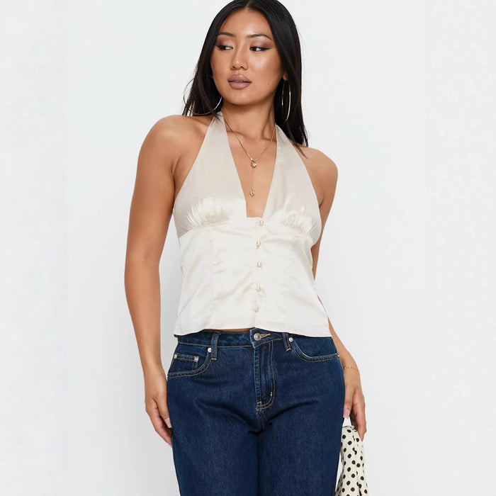 Apricot Satin Halterneck Backless Spaghetti Strap Tank