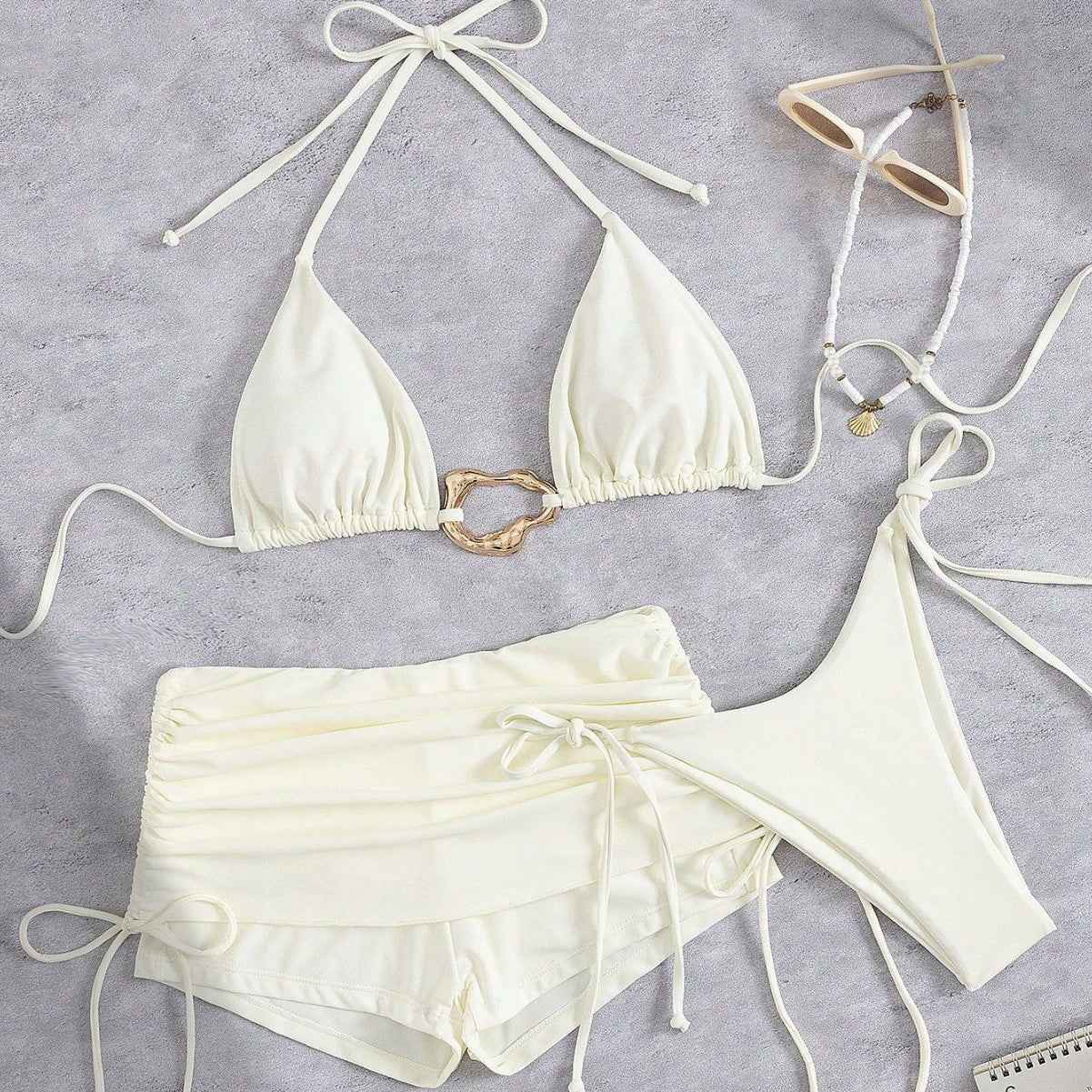 European And American Style Three-Piece Bikini Set Retro Solid-Color Lace-Up Womens Swimsuit