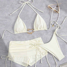 European And American Style Three-Piece Bikini Set Retro Solid-Color Lace-Up Womens Swimsuit