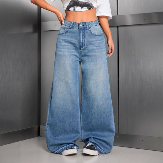 High-Street Vintage Solid-Color Wide-Leg Denim Jeans For Women by Mirlaine Univers