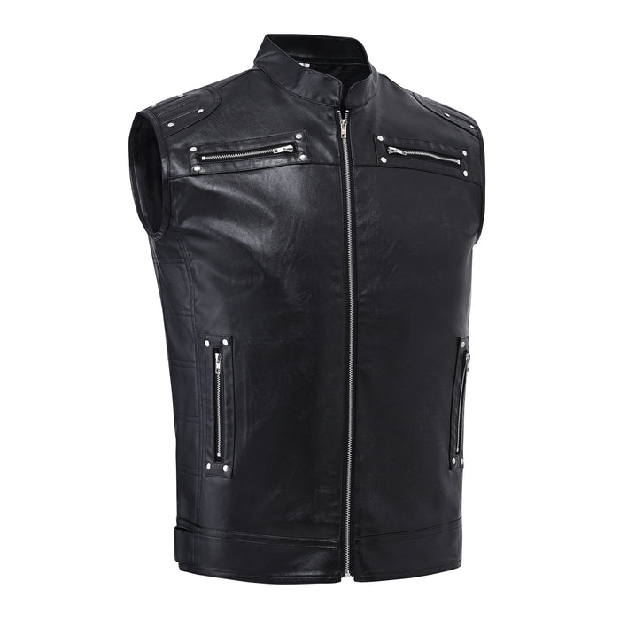 Motorcycle Stand-collar Leather Zip Vest