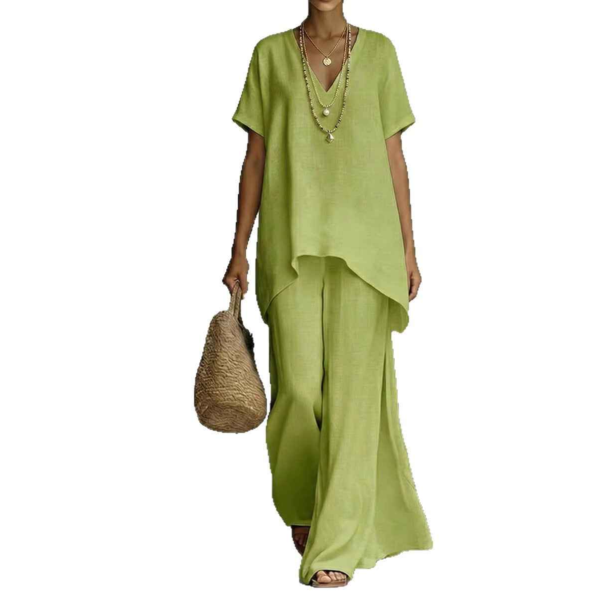 V-neck Short-sleeve Fashionable Loose Top And Wide-leg Pants Set