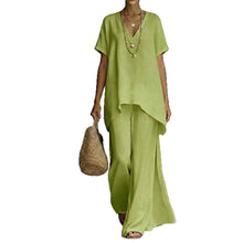 V-neck Short-sleeve Fashionable Loose Top And Wide-leg Pants Set
