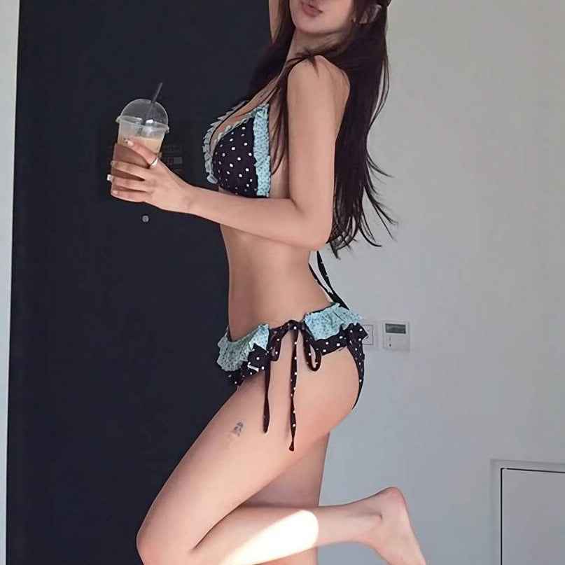 European And American Style Two-Piece Polka-Dot Contrasting Color Ruffle-Trimmed Spliced Lace-Up Backless Swimsuit