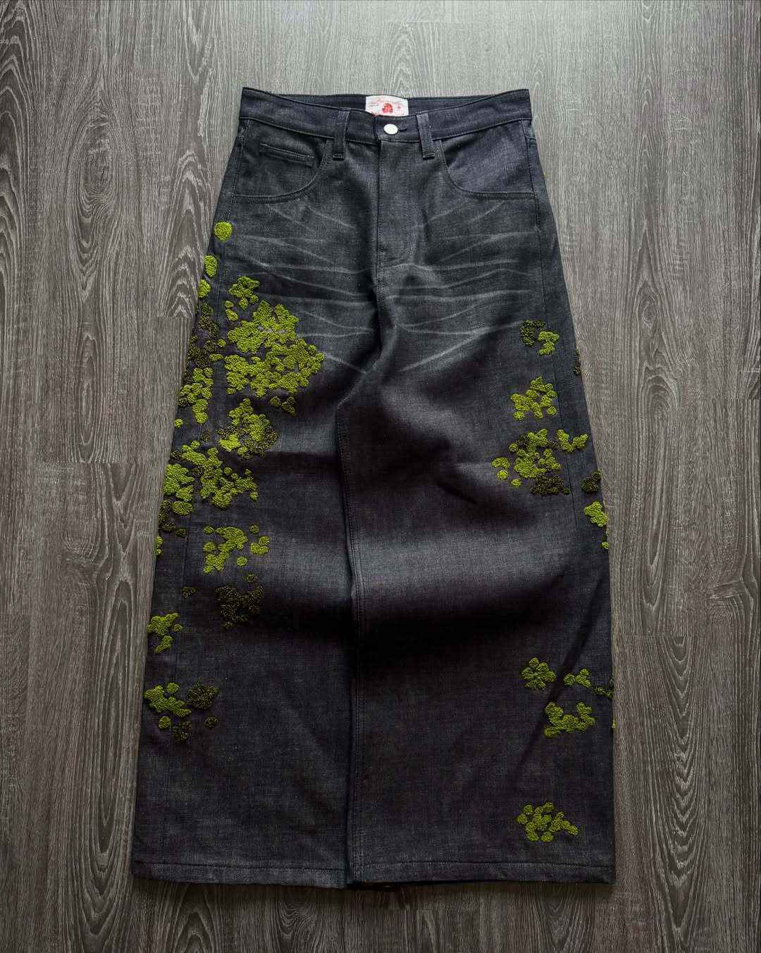 Street-style Denim Straight-leg Pants With Floral Embroidery