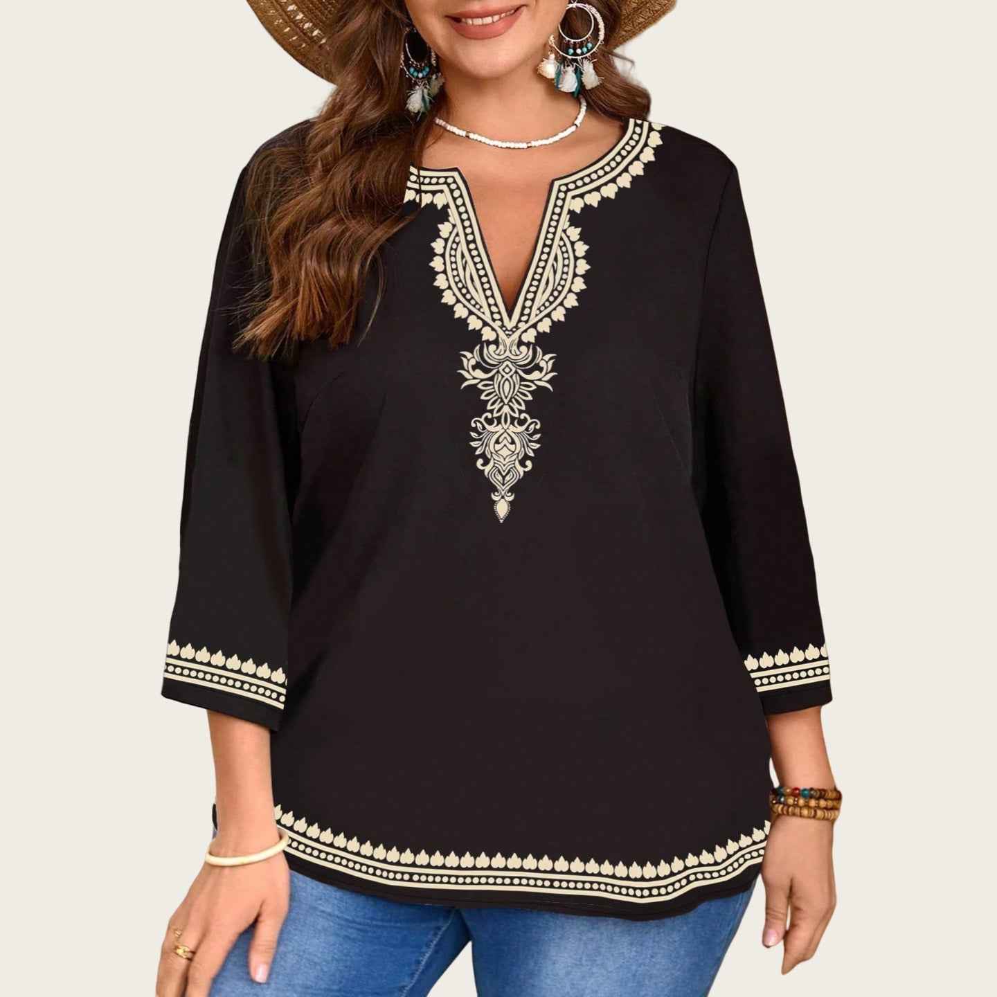 Fashionable Casual V-Neck Ethnic-Style Printed Three-Quarter-Sleeve Shirt Top